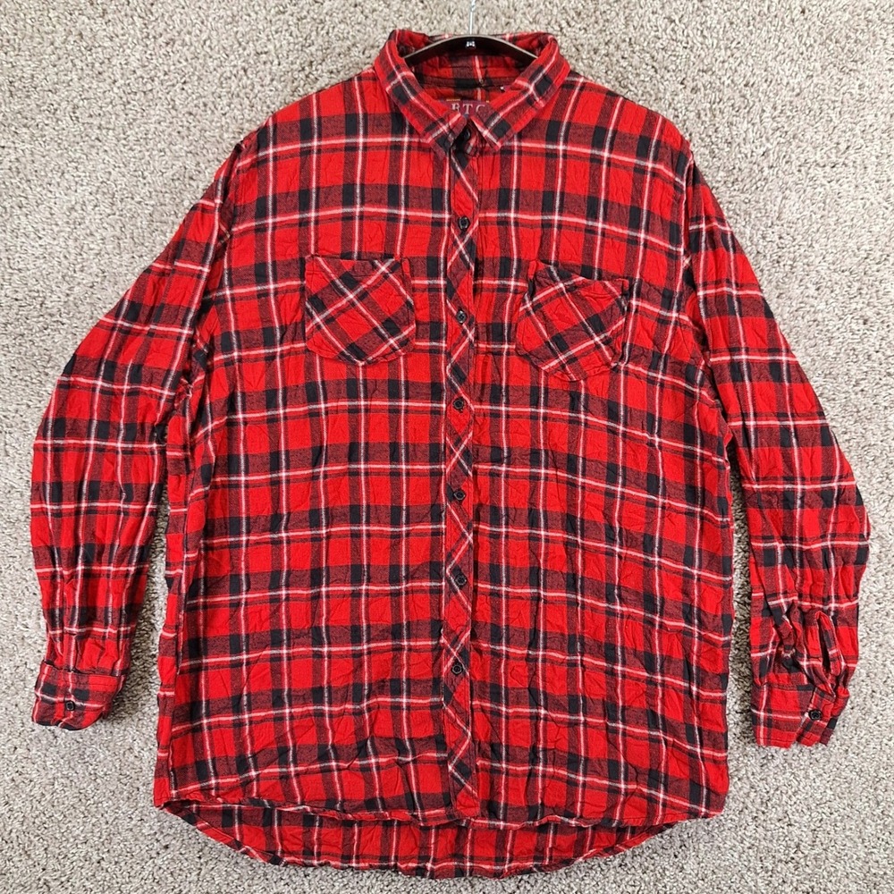 BTC Flannel Shirt Womens XL Red Buffalo Plaid Cotton Long Sleeve Button Front